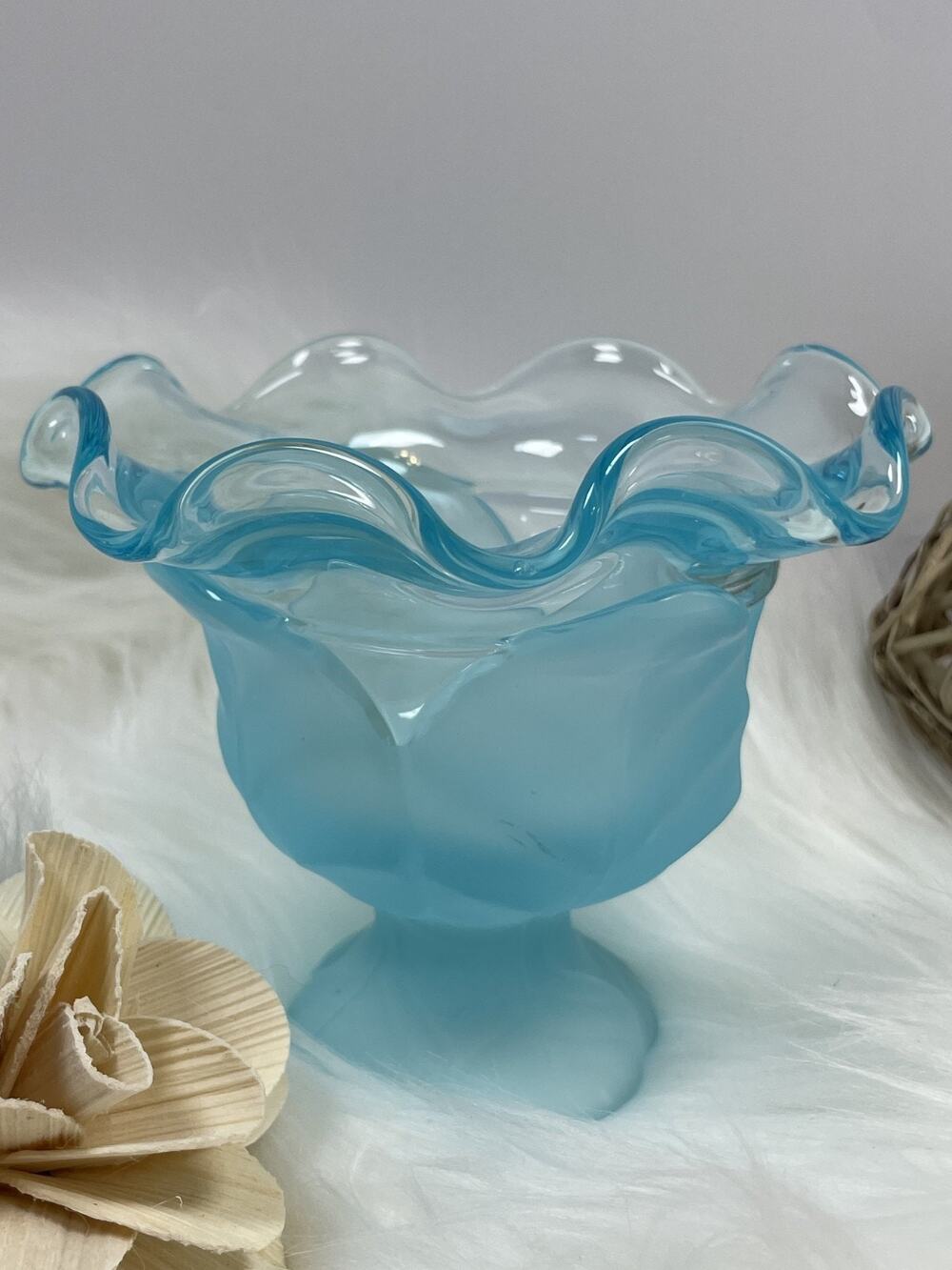 Vintage Viking Glass Cabbage Leaf Compote Bowl with Blue Frosted Finish 4" tall
